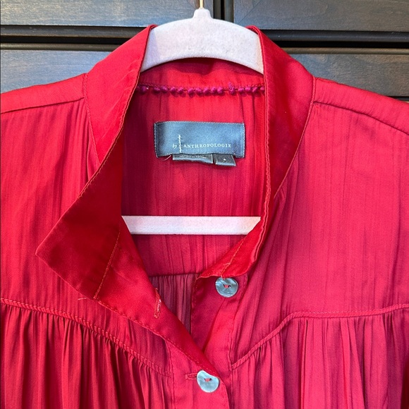 ANTHROPOLOGIE Red Long Sleeve Popover Pleat Blouse - Picture 2 of 12